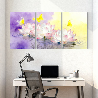 Ensemble de 3 tableaux muraux aquarelle sur toile tendue représentant des fleurs de lotus et des papillons