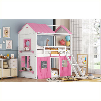 Solid Wood Playhouse Style Twin Size Bunk Bed With Elegant Decorative Windows And Tent, Pink and Soft White