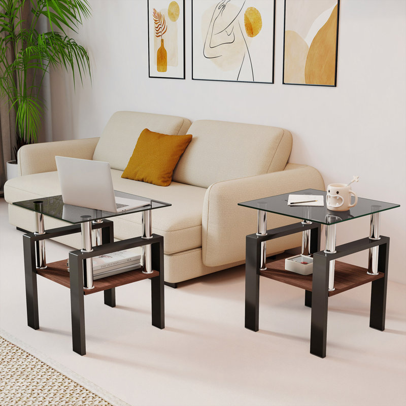 Ensemble de 2 tables à thé modernes en verre trempé, plateau en verre trempé avec panneau de fibres à densité moyenne, table basse, table de bout, table carrée pour le salon