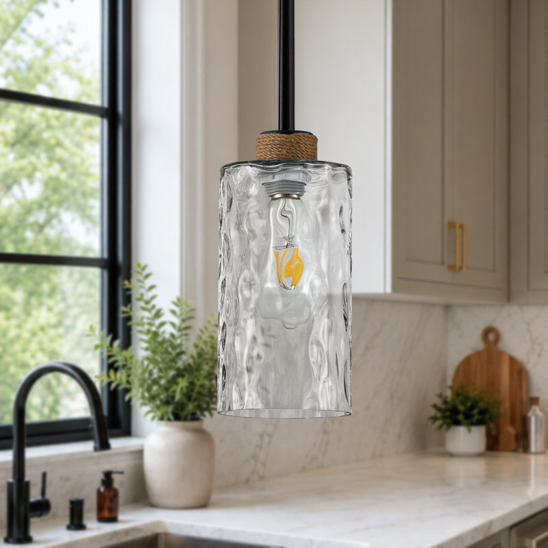 1-Light Simple Glass Pendant Light with Linen, Adjustable Swivel Canopy for Kitchen Island, Dining Rooms, Entryways