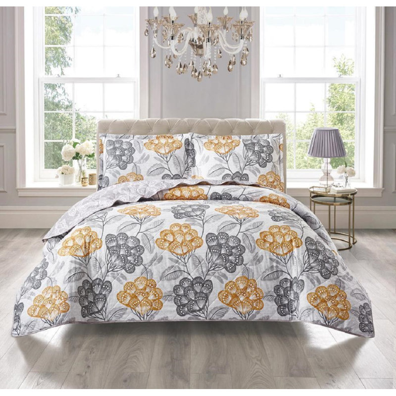 Printed Bedspread Set Floral Pattern with Matching Pillow Shams, Soft Microfiber Coverlet, Lightweight & All-Season Bedding
