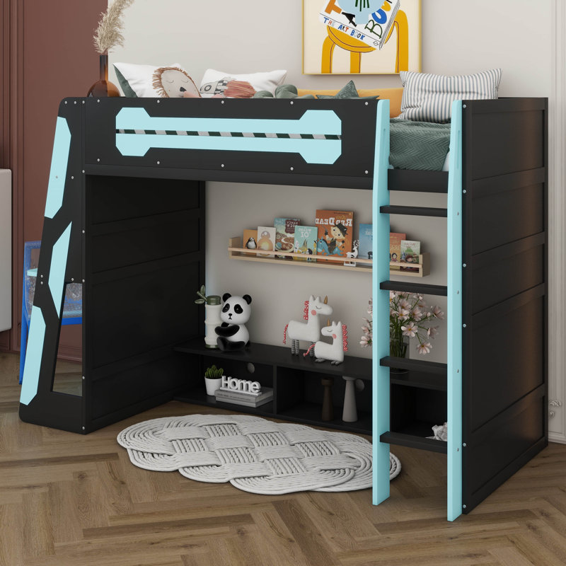 Twin Size Gaming Loft Bed With Desk And Storage Shelves & LED RGB Light, Loft Bed Frame With Ladder And Guardrail, Blue