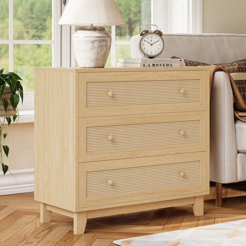 Commode 3 tiroirs, commode, poignées en bois Boho, Naturel