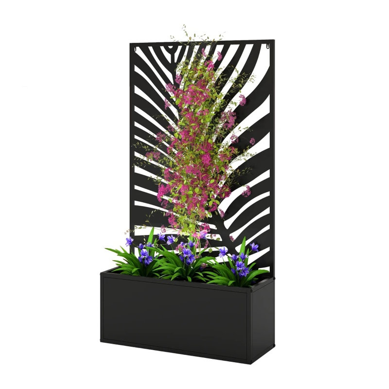 Lit de jardin surélevé autoportant en métal avec panneau d'intimité décoratif à feuilles, noir