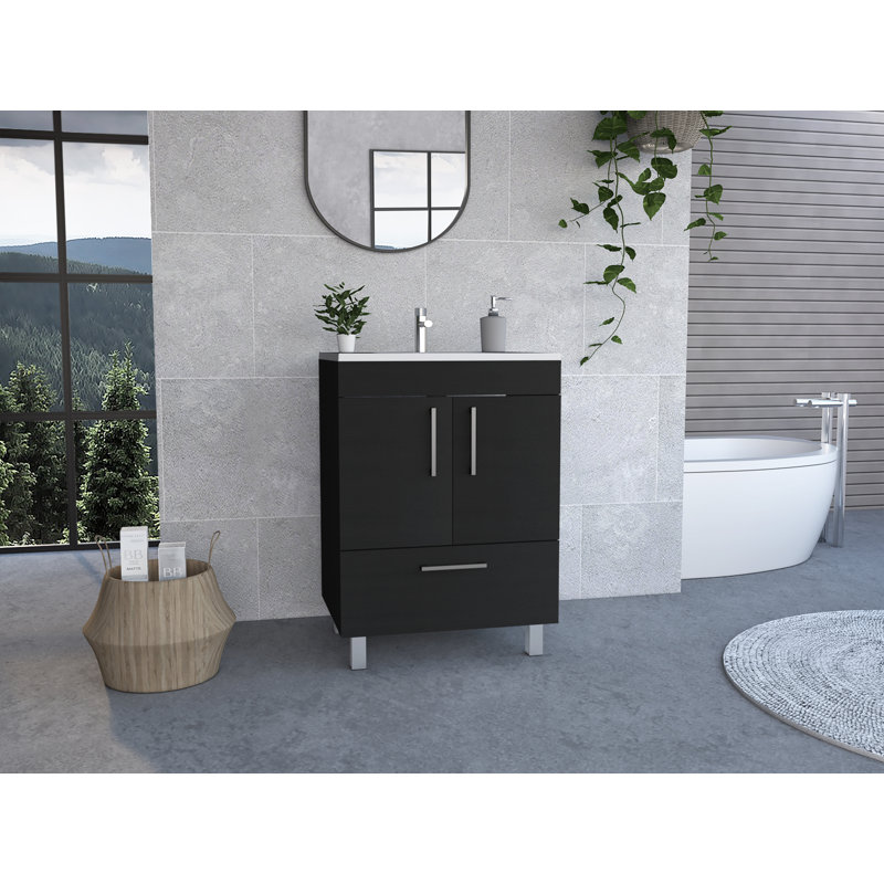 Meuble-lavabo de salle de bain moderne avec armoire 2 portes, 1 tiroir, 4 pieds en métal Othello, Noir, Noir