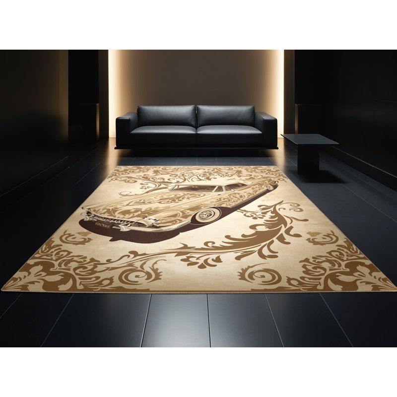Machine Washable Vehicles And Transportation Vintage Convertible Car Vintage Damask Rug in Beige – Beige Binding, 7x10