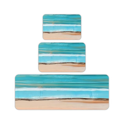 3 Pcs Blue Beach Ocean Kitchen Floor Mat, Coastal Kitchen Patio