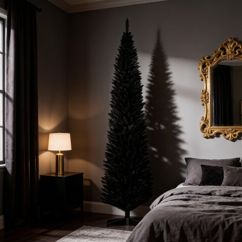 Sapin de Noël artificiel fin et allongé de 240 cm (94,5 po) avec 618 extrémités de branches et support en plastique, noir