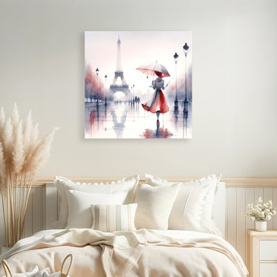 " Elegant Parisian Rainy Day Eiffel Tower And Woman With Umbrella "
