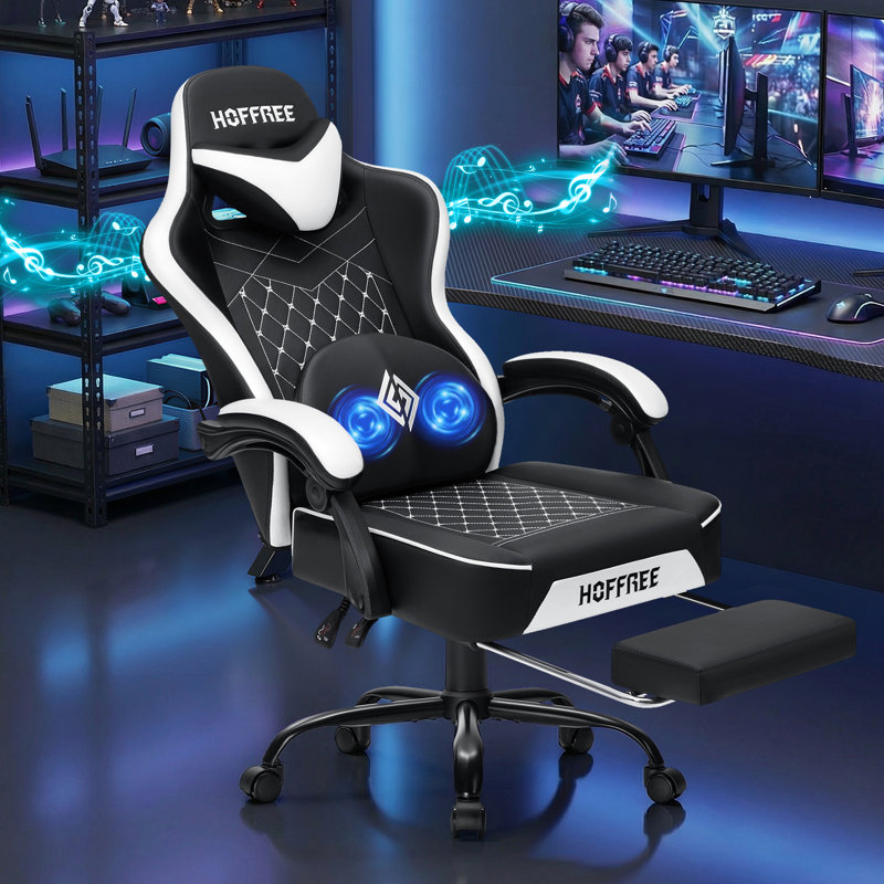 Fauteuil inclinable et ergonomique en similicuir avec haut-parleurs Bluetooth, Blanc/Noir