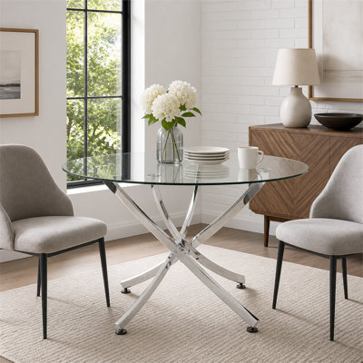 Table de salle à manger ronde de 117,3 cm (46,2 pouces) avec dessus en verre chromé et cadre chromé, meuble de salle à manger rond pour la maison
