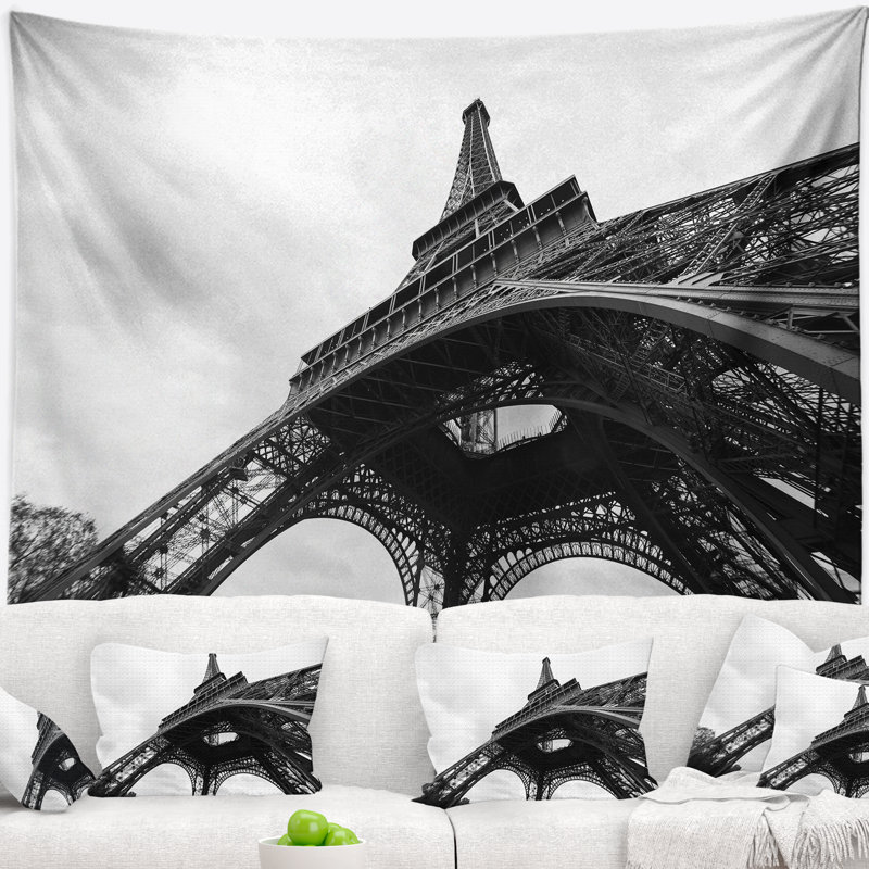 Tapisserie de vue latérale noir et blanc cityscape eiffel, H 78 po x l 92 po