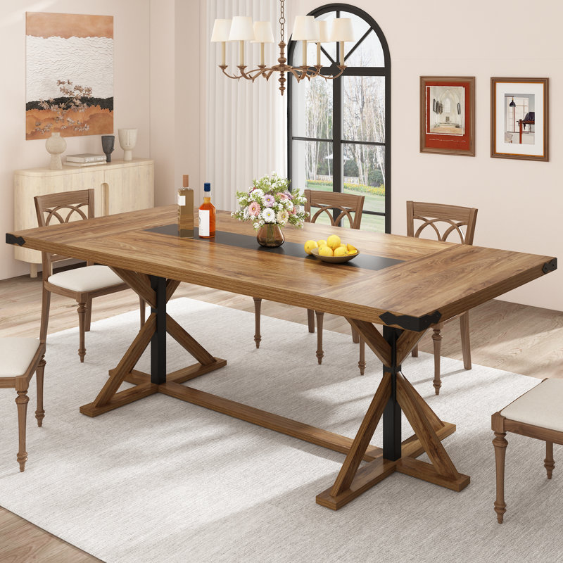 Dariusz Farmhouse Dining Table, Kitchen Rectangular Large Rustic Dinner Table, Adjustable Leg For Dining Living Room, Oak
