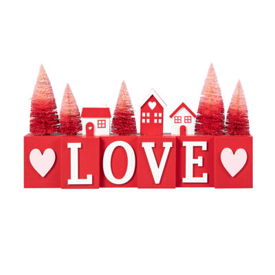 14"L Valentine's Wooden House/Brush Trees LOVE Table Decor