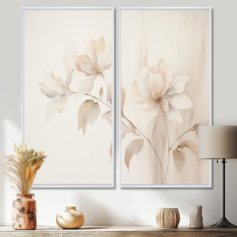 Élégance botanique blanche II - art mural moderne 2 panneaux, 32" H x 32" W, Impression encadrée flottante, White