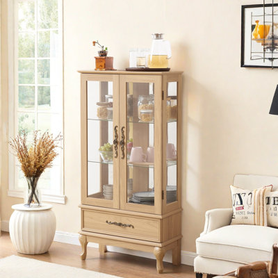 Display Glass Cabinet With Adjustable Shelves, 2 Doors, 1 Drawer And Bulb Included