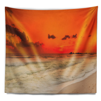Tapisserie seascape de soleil sur mer avec accessoires suspendus en polyester orange