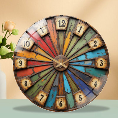 Rustic Vintage Wooden Colourful Spinning Wheel Decor Art - 12'' Modern Glass Wall Clock