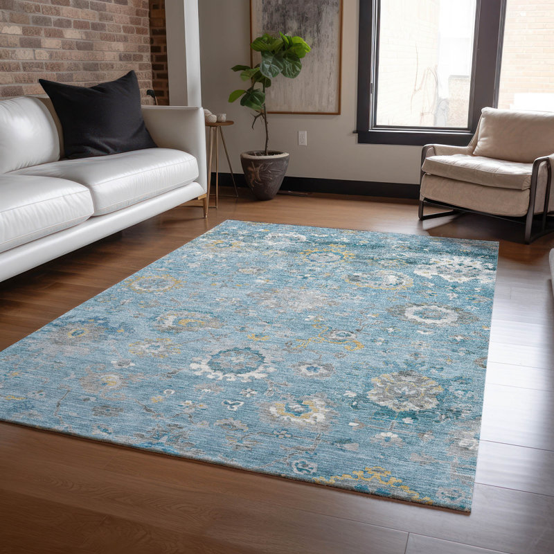 Machine Washable Indoor/Outdoor Christain ACN1373 Teal Rug, Rectangle 5' x 7'6"