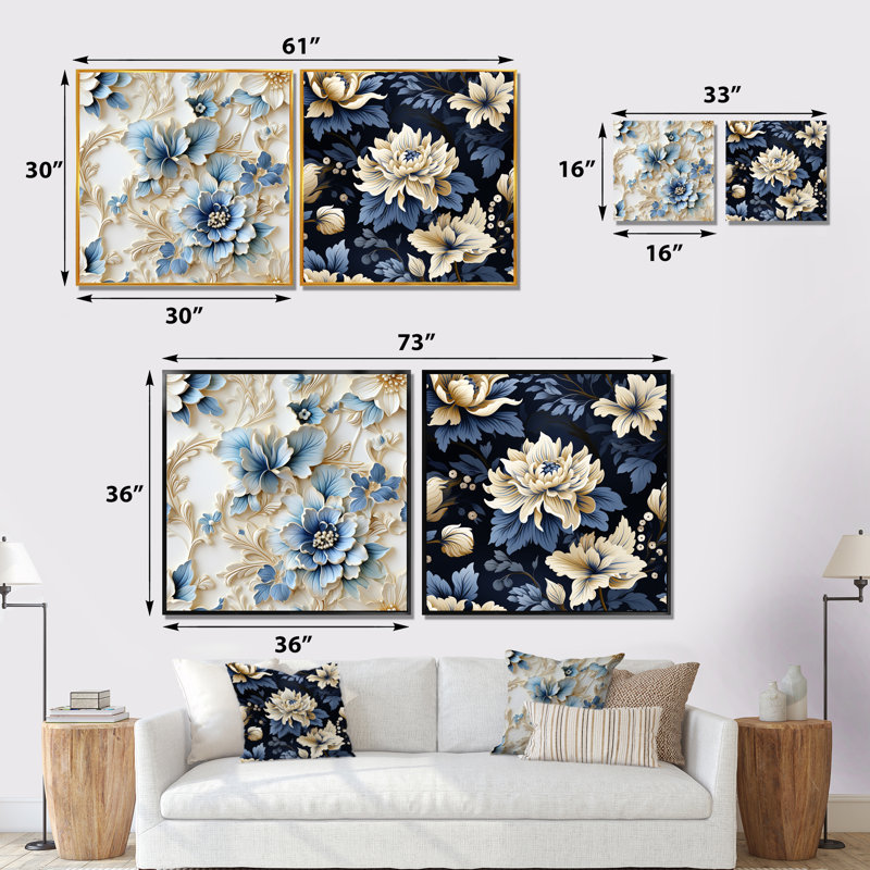 Felicien - Ensemble de salon mural floral 2 pièces, Toile tendue, H 16 po x l 33 po x P 1 po