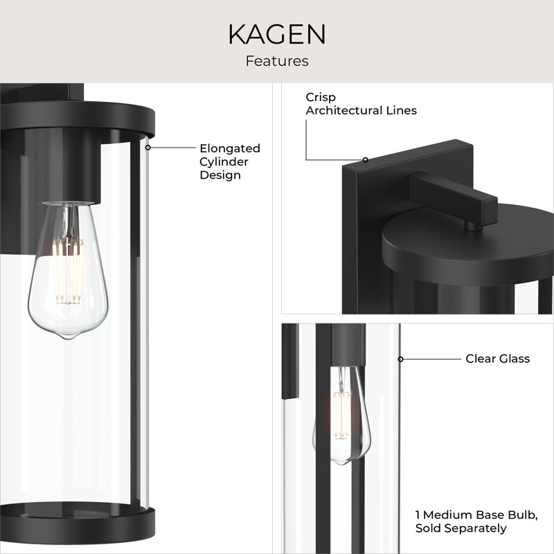 Kagen 15" 1-Light Large Matte Black Outdoor Wall Light with Clear Glass Panels, Matte Black, 15"
