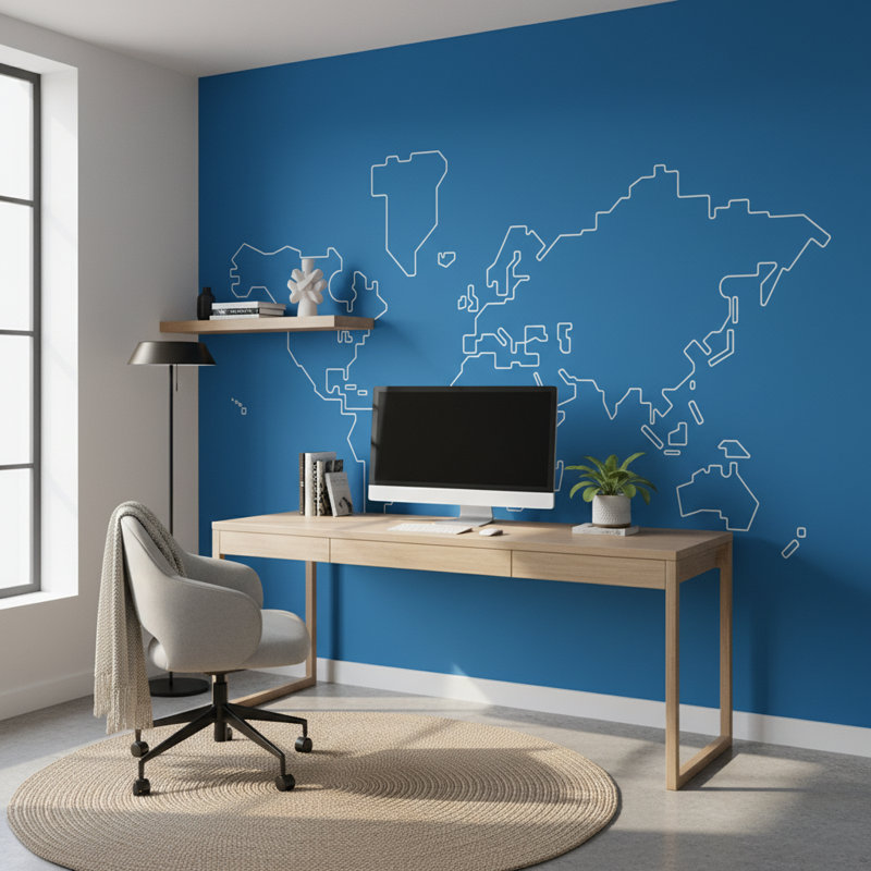 Adhésif mural moderne carte du monde, Bleu, L 108 po x l 140 po
