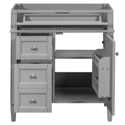 30'' Bathroom Vanity, 3 Drawers, Tip - Out Drawer, Cabinet Door Organizer, Adjustable Shelf, Smooth Metal Drawer Slides, Textured Handle, Modern Design, Grey, & Solid Wood Vanity Without Top Sink, And
