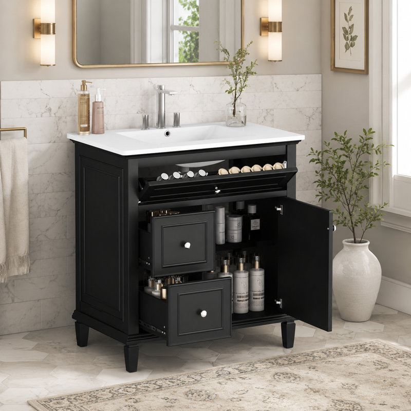 Ensemble de meuble-lavabo simple 30 po avec lavabo en céramique Velmori, tiroir de rangement basculant et tablette réglable