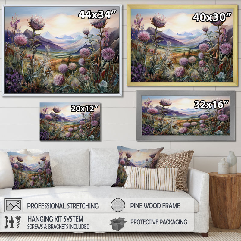 «Mauve chardon champ montagne breloque - chardon», art mural encadré, Cadre doré simple, H 12 po x l 20 po x P 1 po