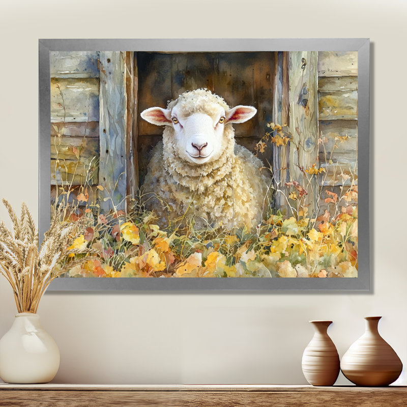 Dulinsky Sheep Floral Portrait At The Barn - Sheep Large, art mural, Reproduction encadrée d'une seule photo, Argent argent