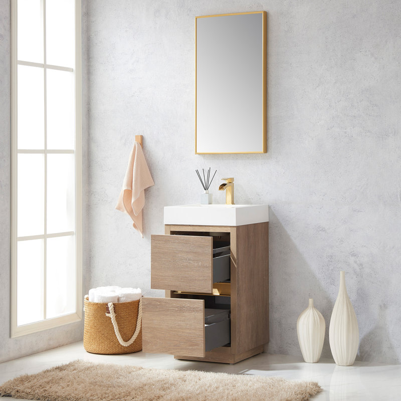 Ensemble de meuble-lavabo simple 18 po avec miroir Huesca, Chêne nord-américain, Blanc
