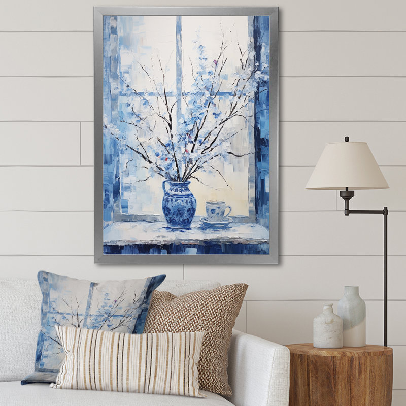Blanc et bleu, fenêtre d'hiver, nature morte III - paysage d'hiver, Cadre simple argenté, H 20 po x l 12 po x P 1 po