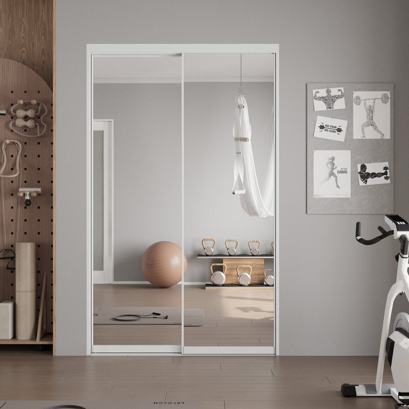 80"H Aluminum Frame 1 Lite Tempered Mirrored Sliding Closet Doors with Installation Hardware Kit, 48" x 80"