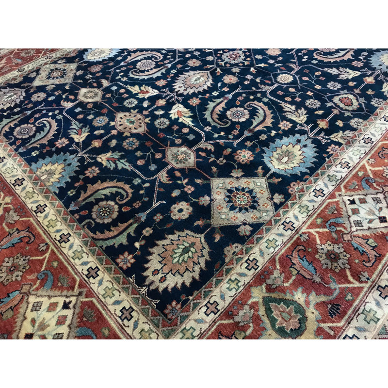 Tapis bleu et rouille de haute qualité noué à la main