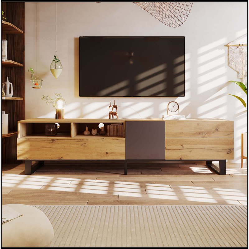 TV Stand for 80'' TV with Double Storage Space, Wood/Gray