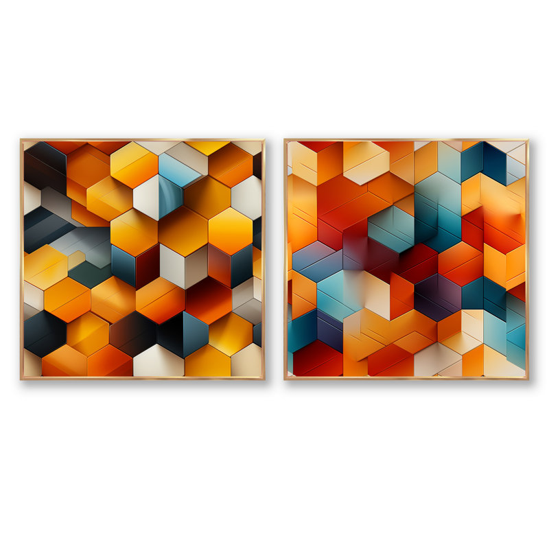 Carreaux chromatiques - Ensemble de 2 carrés de formes abstraites, Cadre flottant doré, H 30 po x l 61 po