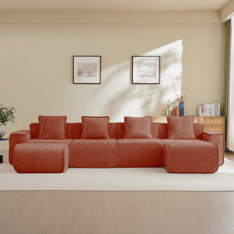 Canapé modulaire modulaire en U à 4 places avec passepoil à bordure française, aucun assemblage requis, canapé à 4 places avec coussins décoratifs et 2 repose-pieds amovibles