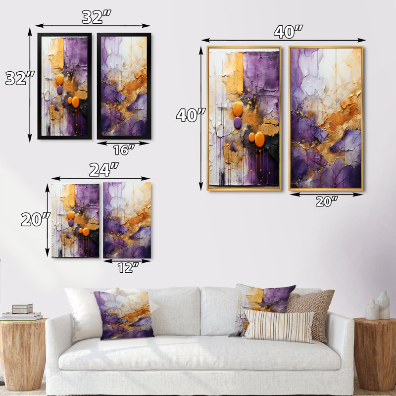 2 pièces sur toile - Fractale abstraite mauve doré, Cadre noir, H 20 po x l 24 po