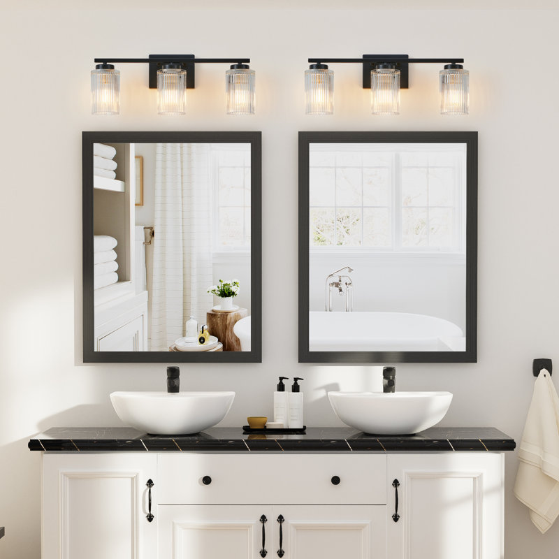 Ensemble de meuble-lavabo avec abat-jour en verre nervuré Lurigid, Noir mat, Trois lumières
