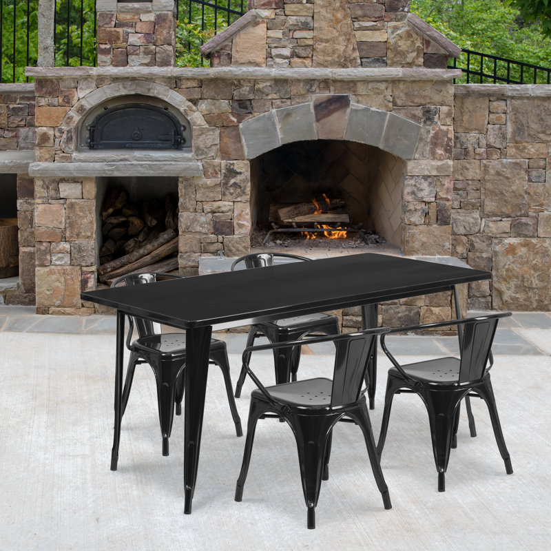Ensemble de table rectangulaire intérieur / extérieur en métal 31,5 po x 63 po Lubron avec 4 fauteuils, Noir, 5