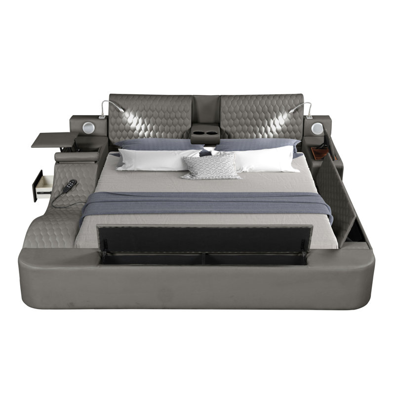Grand lit masseur multifonctionnel en bois et similicuir gris Zoya, Grey, Grand lit