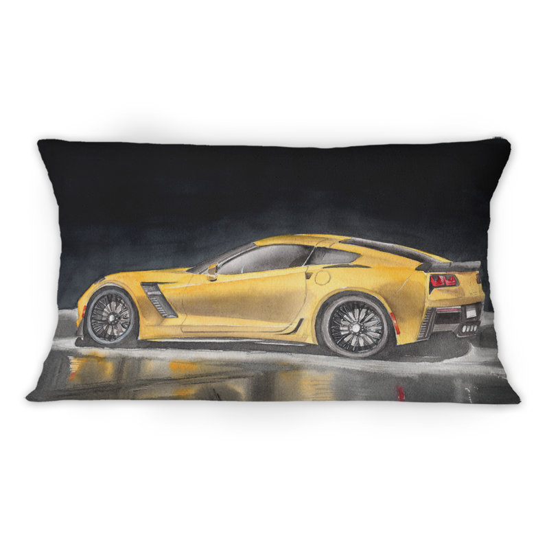 Une voiture de sport jaune avec son ombre - Coussin décoratif imprimé industriel 1