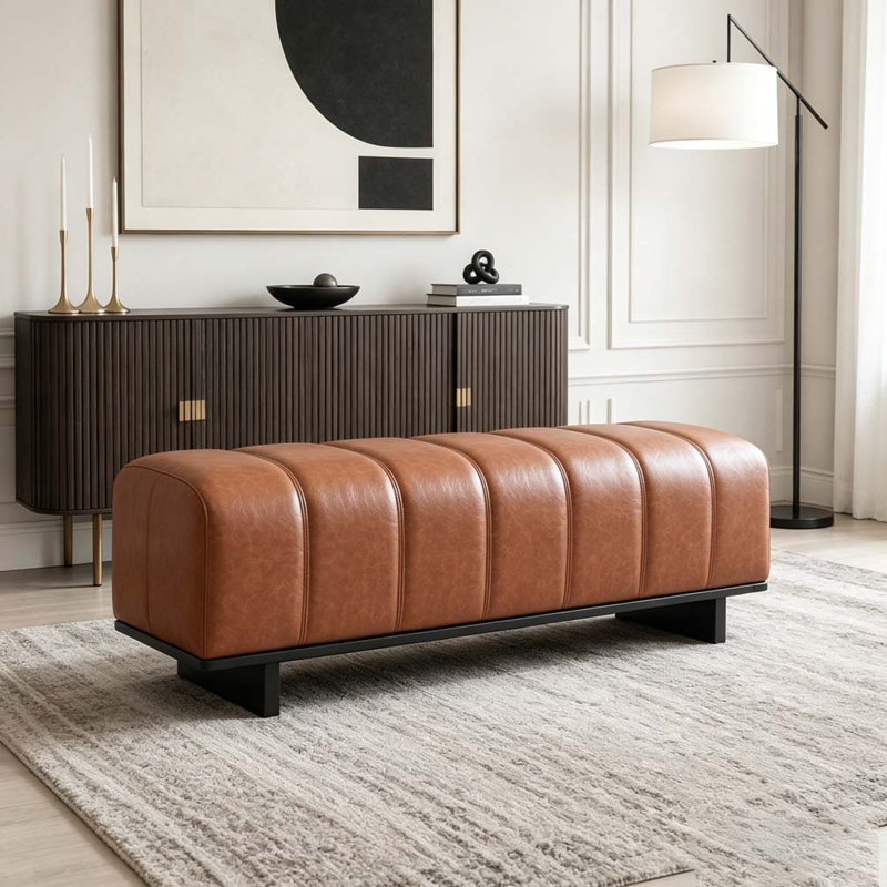 Banc de salle à manger d'intérieur avec pieds en bois d'hévéa, Brown-PU
