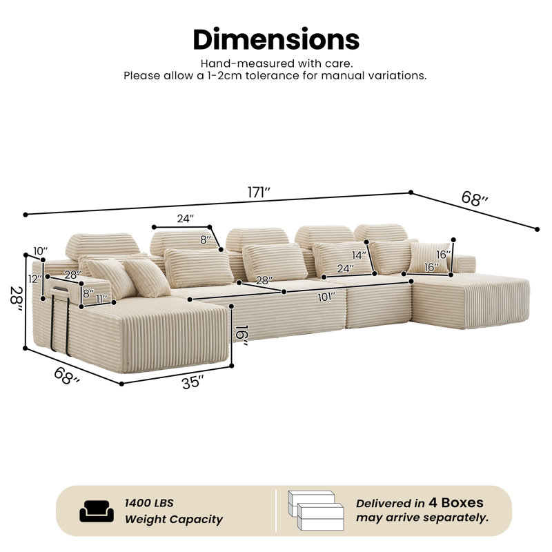 171" Cloud Modular U-Shaped Sectional Sofa with Chaise, Corduroy Oversized Couch for Living Room, No Assembly Required, White