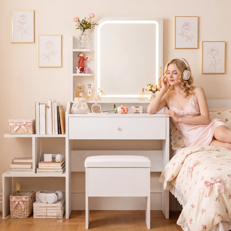 Ensemble de coiffeuse blanche avec miroir à DEL intelligent et station de charge, bureau de maquillage pour le dortoir de la chambre à coucher