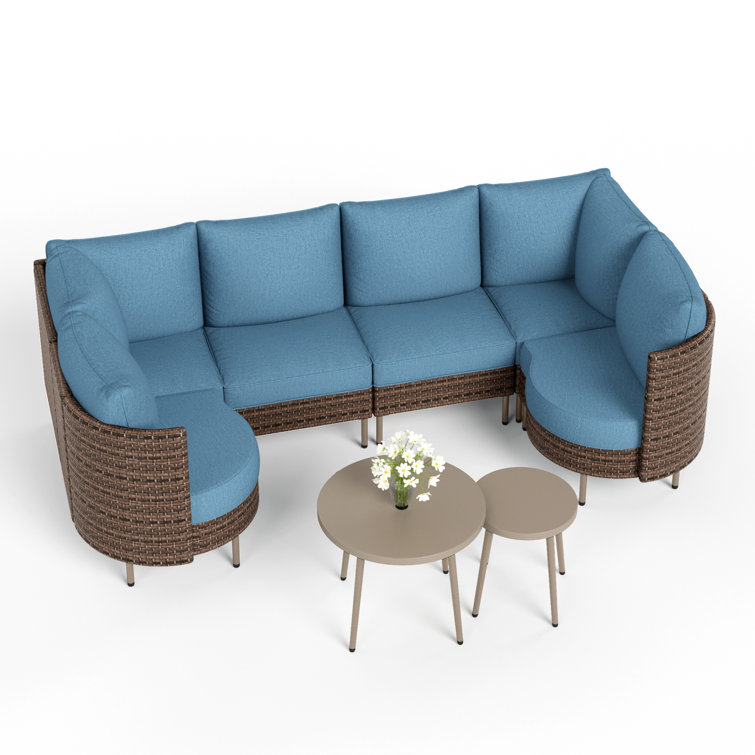 Carrboro Outdoor Wicker Conversation Set With Cushions & Two Coffee Tables
