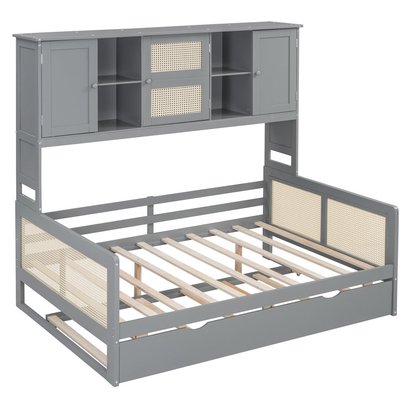 Lit de jour en bois avec lit gigogne, tablette intégrée et armoire de rangement latérale, Gris, Lit double