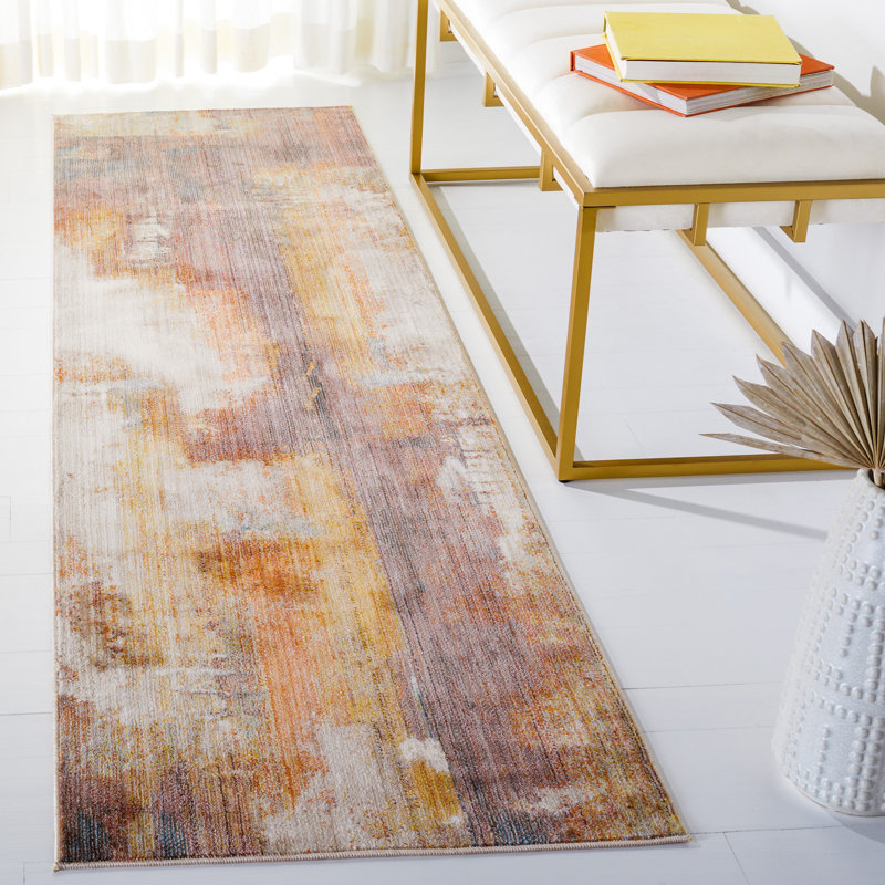 Tapis abstrait rouille / doré, Tapis de couloir 2 pi 2 po x 8 pi