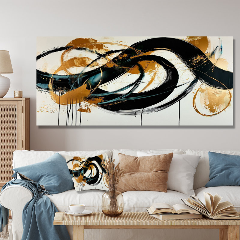 «Gold», jeu optique en spirale I noir - Constructivisme, art mural, H 28 po x l 60 po, Toile tendue, Ne s’applique pas
