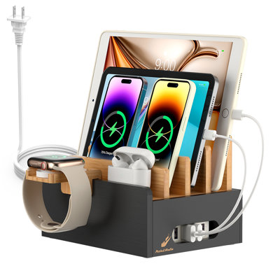 Bamboo Multi-Device Charging Station Dock with 5-Port USB Charger Hub and Cables, Magnetic No-Assembly, Multi-Device Stand for Desk, Nightstand, Dual-Tones/ Natural+Black